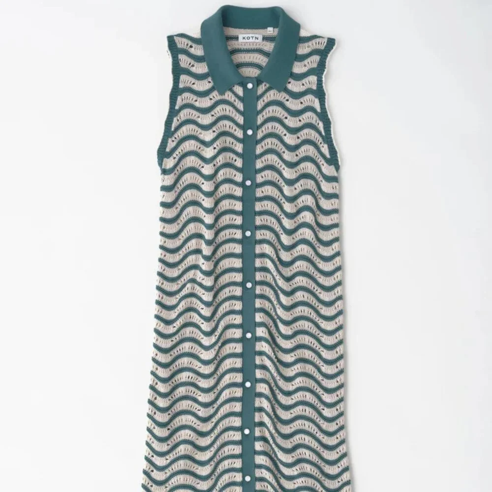 NWT Kotn Sabah Open Knit Striped Button Down Cotton Collared Dress - Picture 6 of 7